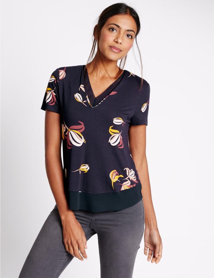 Marks & Spencer Floral Print V-neck Short Sleeve Jersey Top Navy Mix