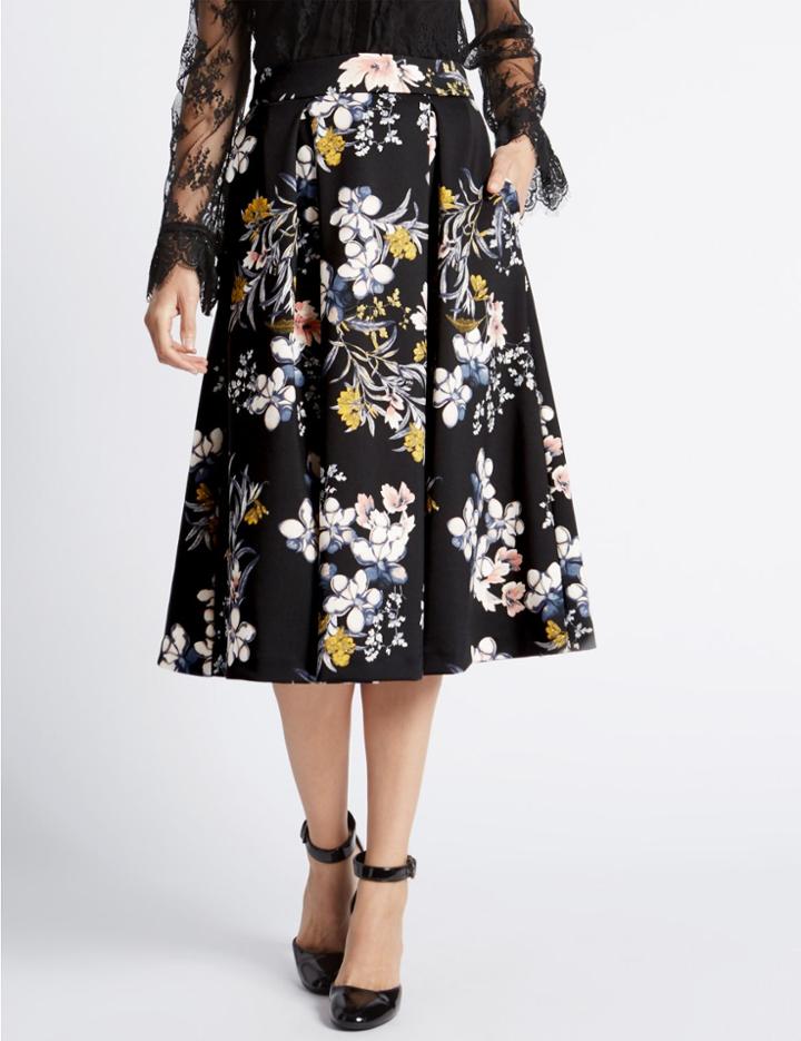 Marks & Spencer Floral Print A-line Skirt Black Mix