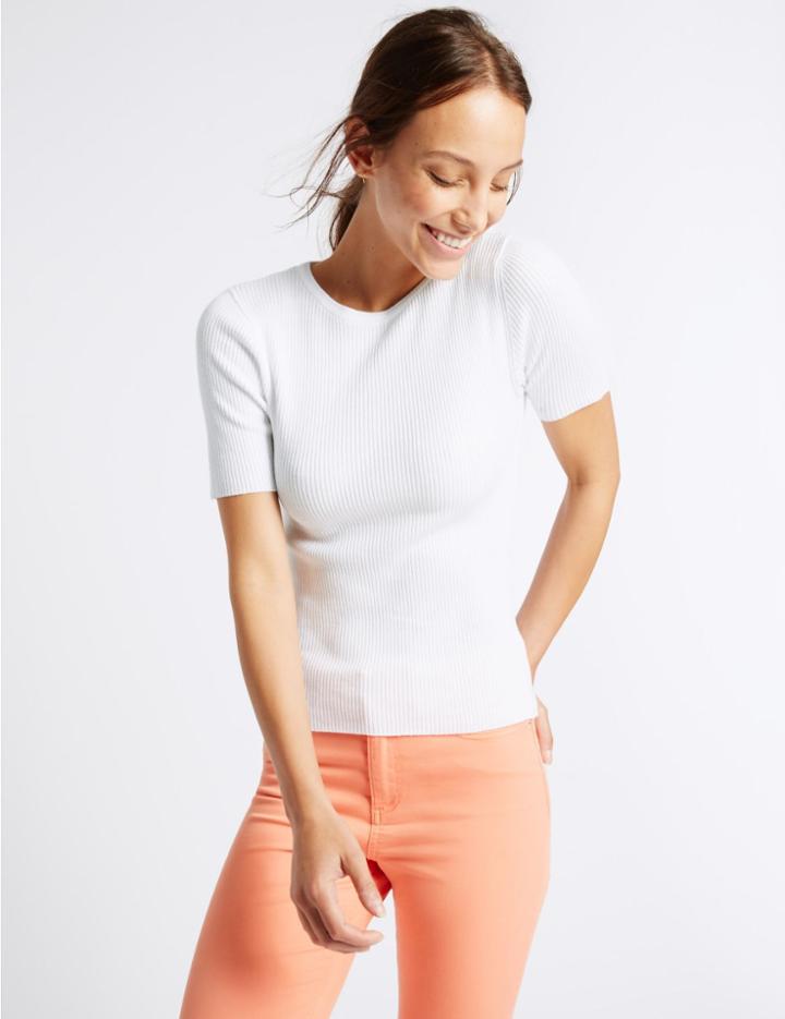 Marks & Spencer Ribbed Short Sleeve Jumper Soft White