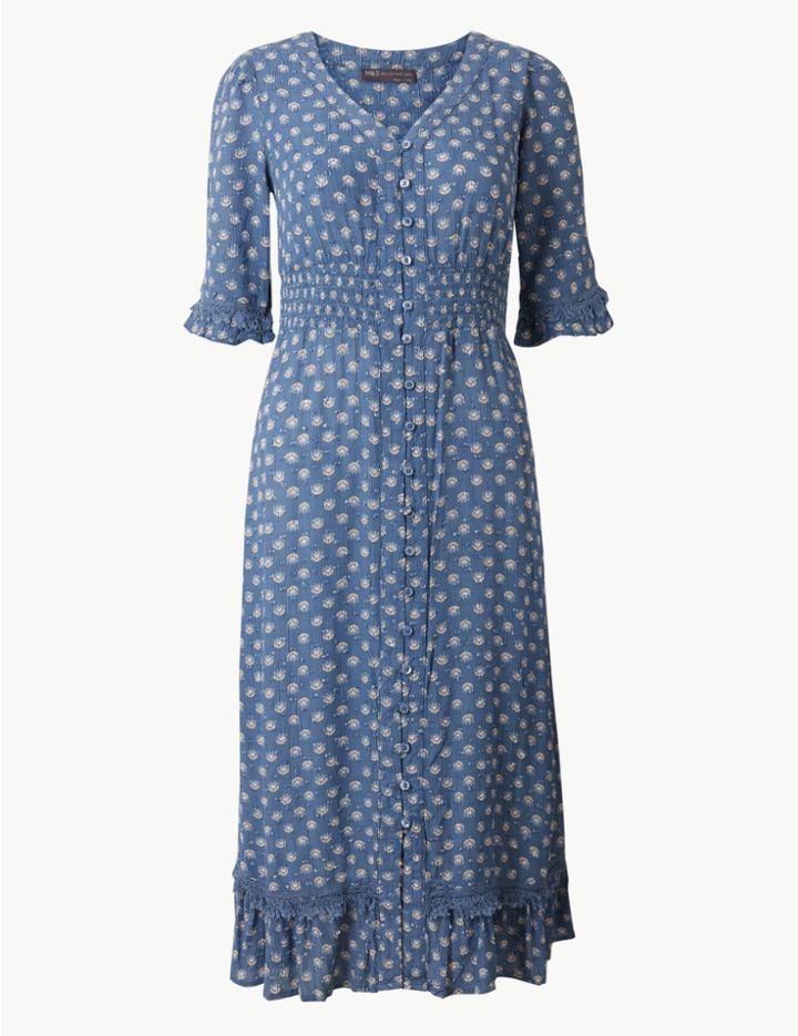 Marks & Spencer Petite Floral Print Waisted Midi Dress Chambray Mix