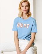 Marks & Spencer Pure Cotton Slub Slogan Straight Fit T-shirt Blue Mix
