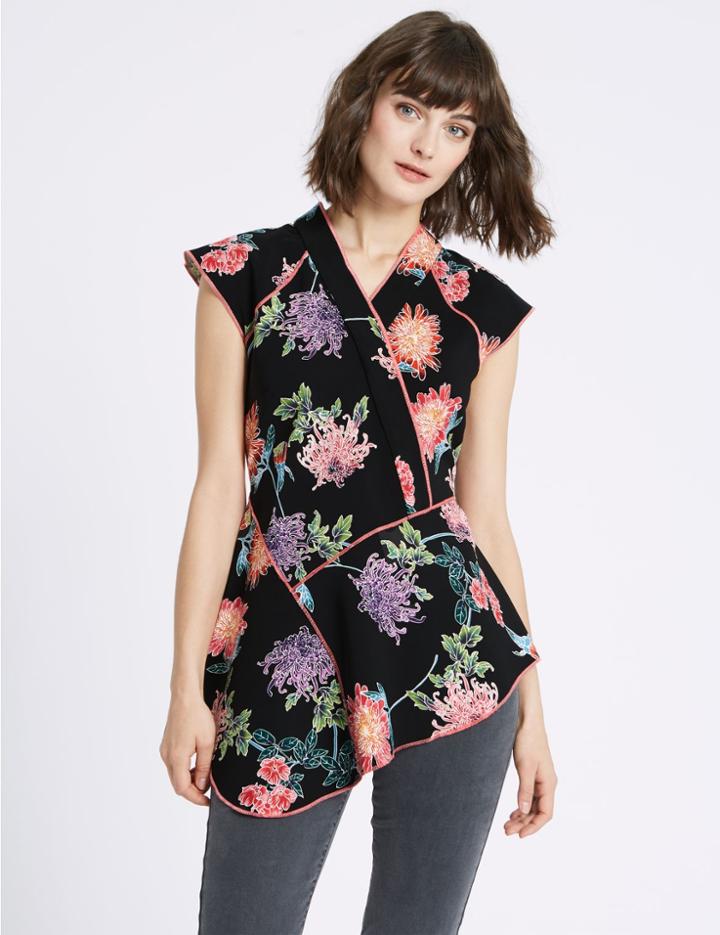 Marks & Spencer Floral Oriental Print Cap Sleeve Shell Top Black Mix