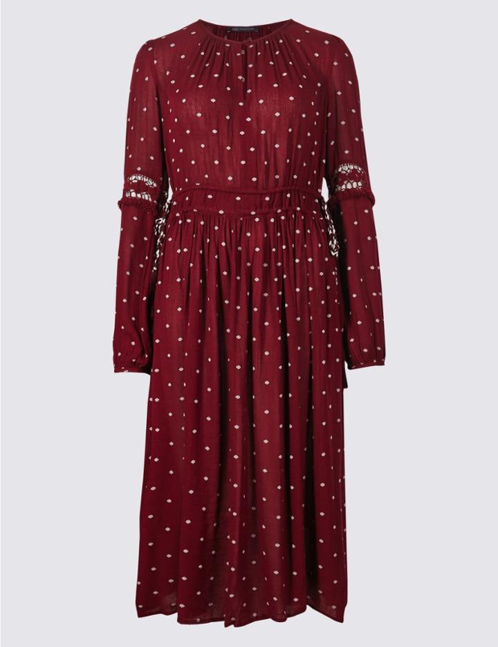 Marks & Spencer Spotted Long Sleeve Swing Midi Dress Rust