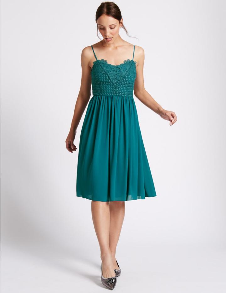 Marks & Spencer Floral Lace Gathered Hem Slip Midi Dress Teal