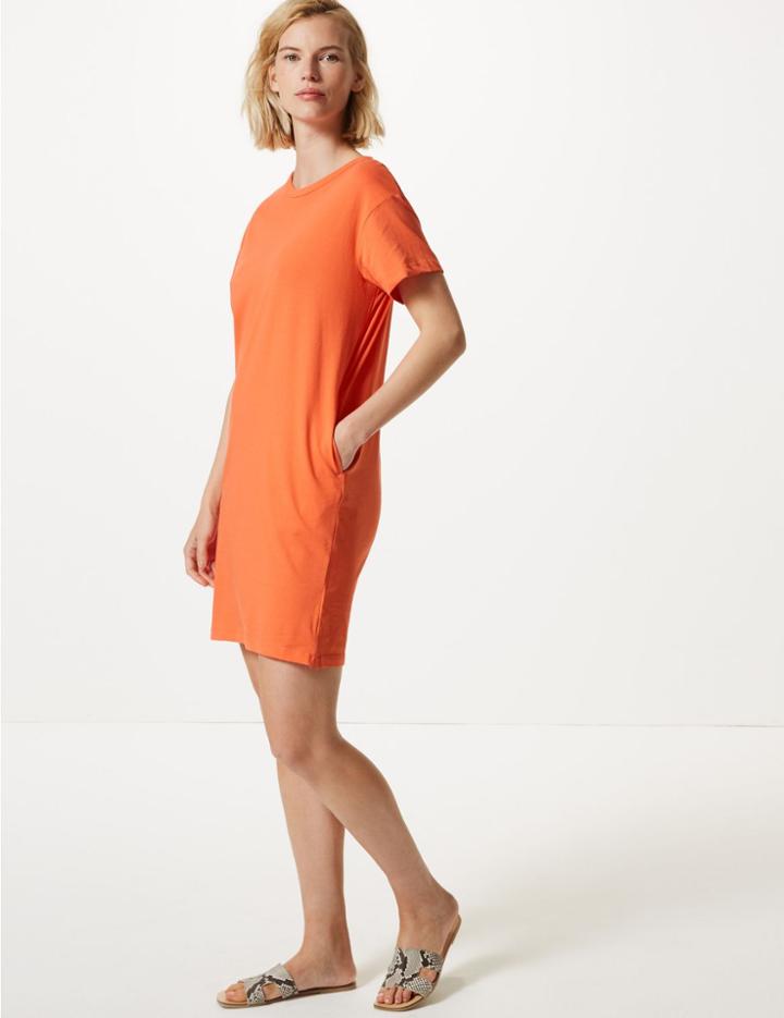 Marks & Spencer Pure Cotton Knee Length T-shirt Dress Bright Orange
