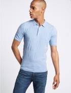 Marks & Spencer Pure Cotton Leaf Design Knitted Slim Fit Polo Blue