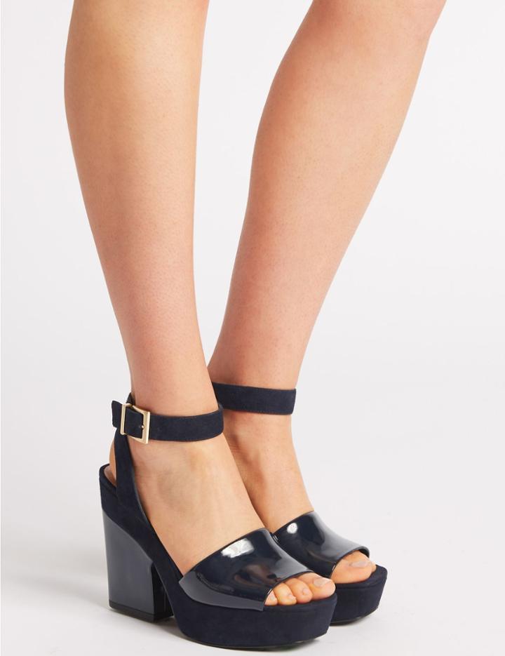 Marks & Spencer Leather Block Heel Two Part Sandals Navy