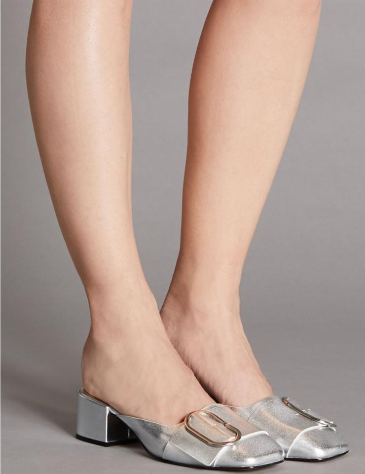 Marks & Spencer Leather Block Heel Mule Shoes With Insolia&reg; Silver