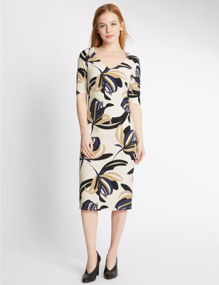 Marks & Spencer Petite Floral Print Bodycon Dress Ivory Mix