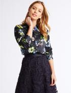 Marks & Spencer Petite Floral Print Satin Long Sleeve Shirt Black Mix