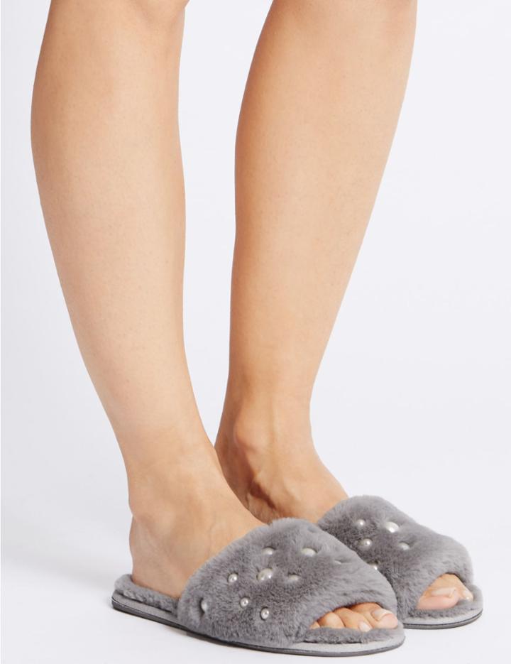 Marks & Spencer Pearl Detail Fur Mule Slippers Grey