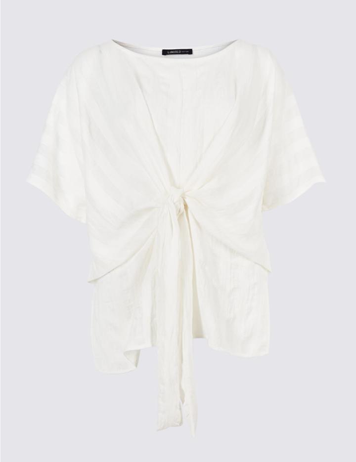 Marks & Spencer Striped Tie Front Half Sleeve Blouse Soft White