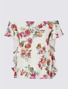 Marks & Spencer Floral Print Ruffle Short Sleeve Bardot Top Pink Mix