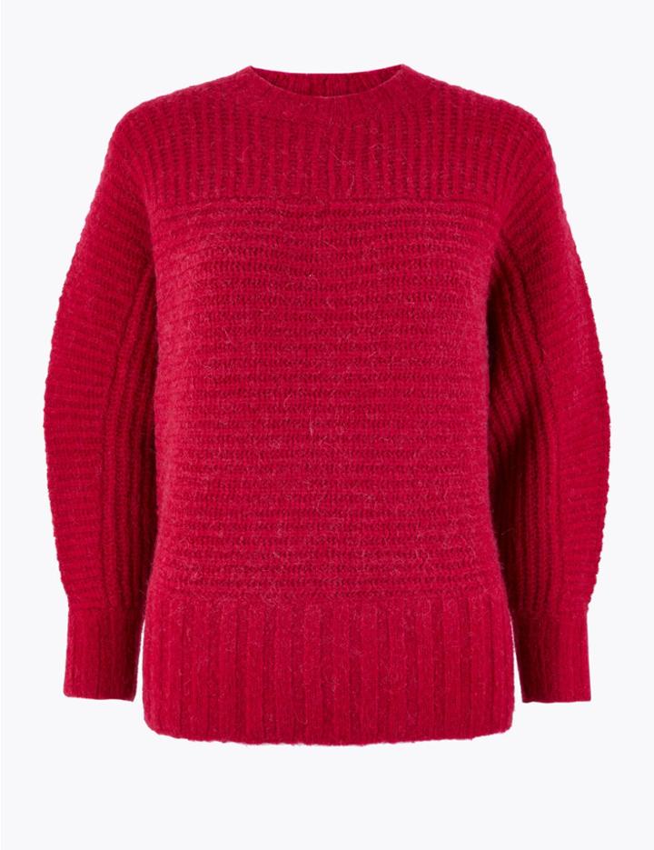Marks & Spencer Textured Round Neck Long Sleeve Jumper Cerise