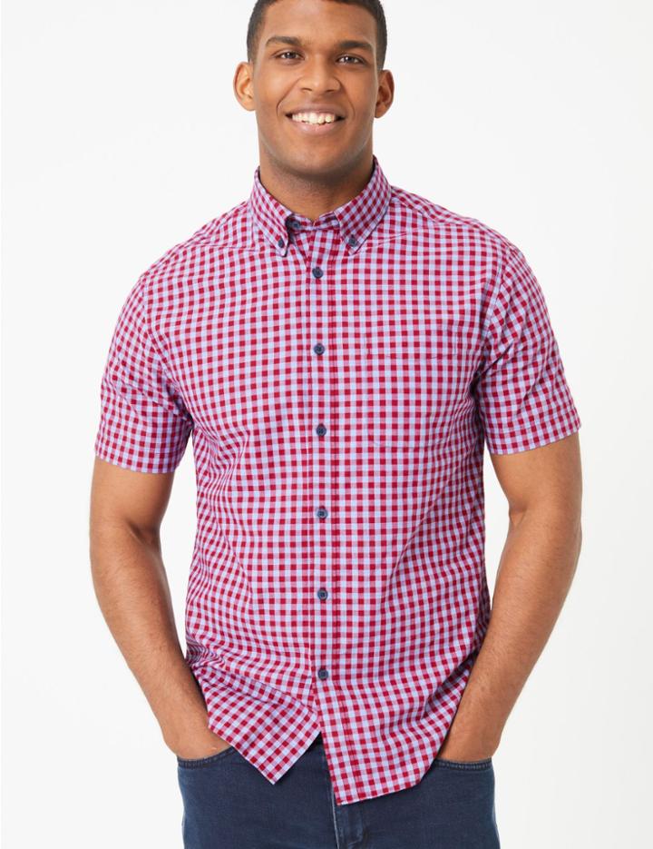 Marks & Spencer Cotton Checked Relaxed Fit Shirt Red Mix