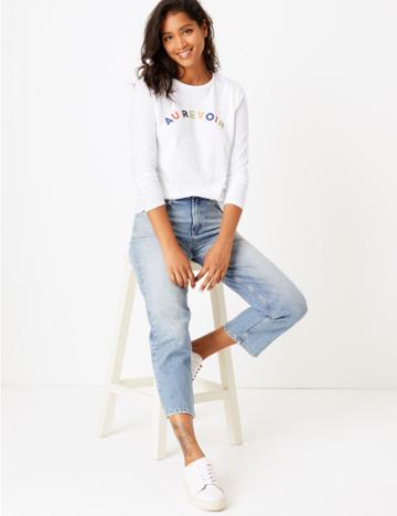 Marks & Spencer Pure Cotton Au Revoir Straight Fit T-shirt