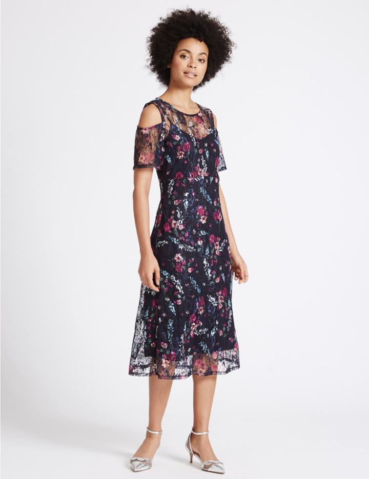 Marks & Spencer Floral Lace Cold Shoulder Skater Midi Dress Navy Mix