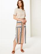 Marks & Spencer Linen Rich Striped Pencil Midi Skirt Ivory Mix