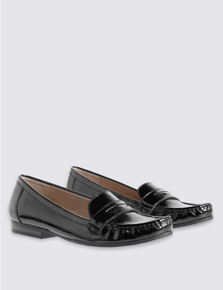 Marks & Spencer Leather Block Heel Loafers With Footglove&trade; Black Patent