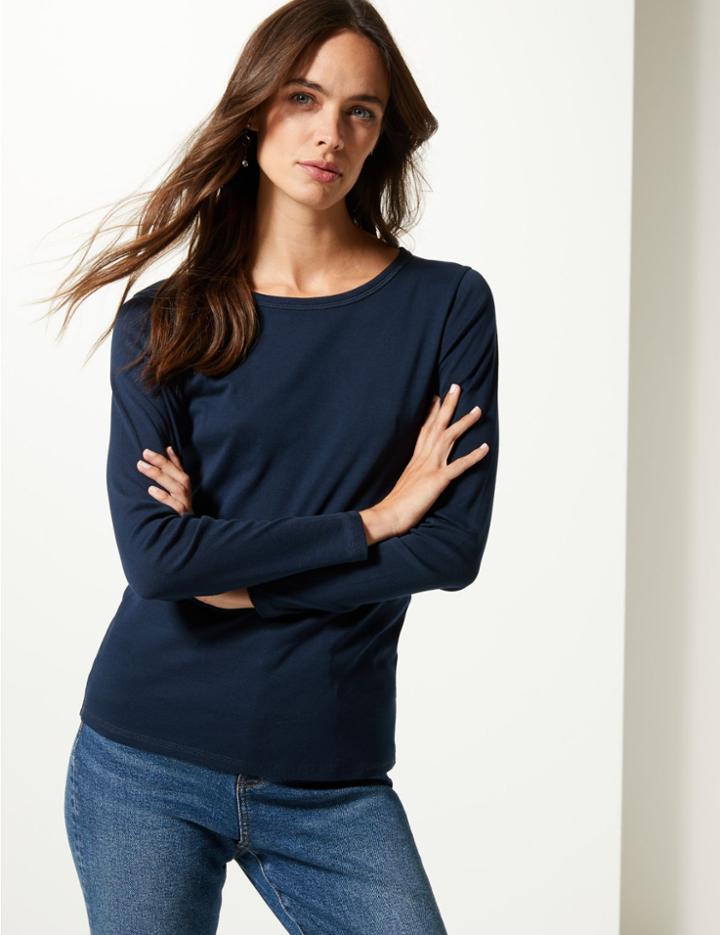 Marks & Spencer Pure Cotton Long Sleeve Regular Fit T-shirt Navy