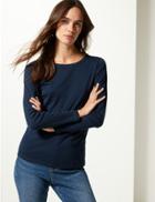 Marks & Spencer Pure Cotton Long Sleeve Regular Fit T-shirt Navy