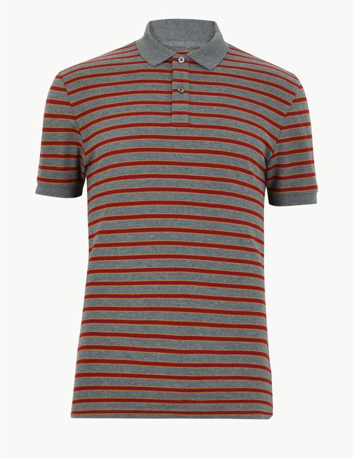Marks & Spencer Cotton Striped Polo Shirt Grey Mix