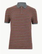 Marks & Spencer Cotton Striped Polo Shirt Grey Mix