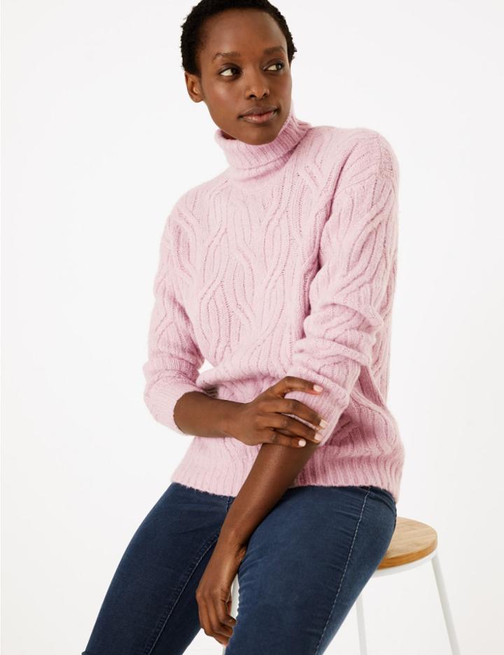 Marks & Spencer Cable Knit Roll Neck Jumper With Alpaca Pale Lilac
