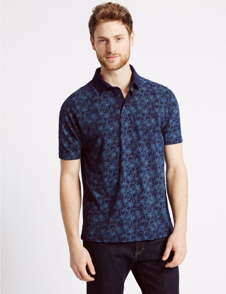 Marks & Spencer Pure Cotton Printed Polo Shirt Indigo Mix