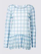 Marks & Spencer Checked Ruffle Long Sleeve Top Blue Mix