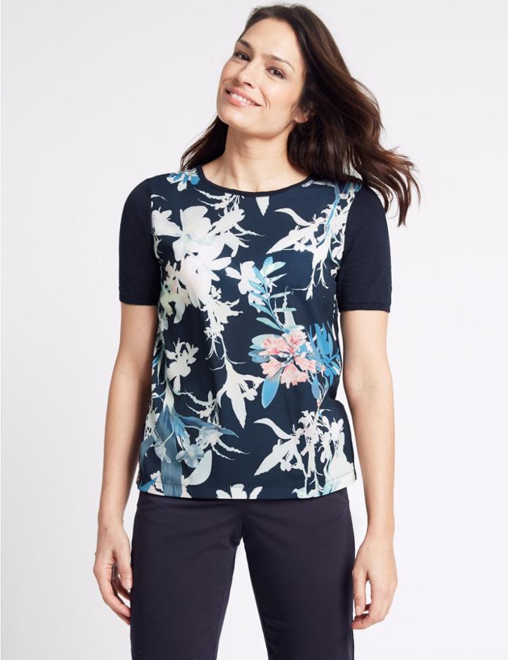 Marks & Spencer Pure Cotton Printed Round Neck Jumper Navy Mix