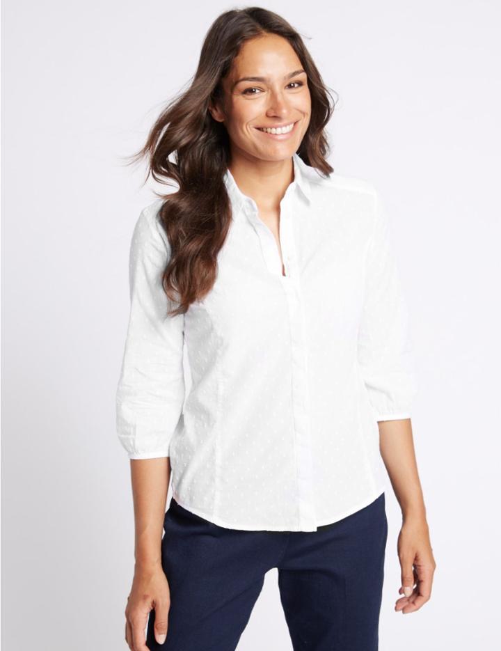 Marks & Spencer Pure Cotton Hidden Placket 3/4 Sleeve Shirt White