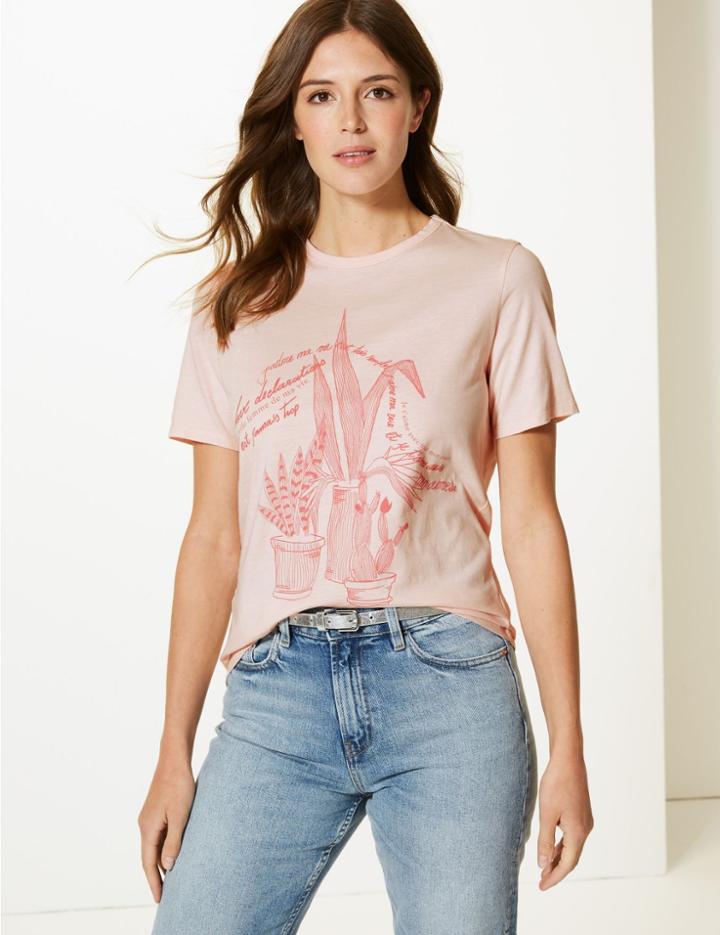 Marks & Spencer Pure Cotton Contrast Print Straight T-shirt Blush