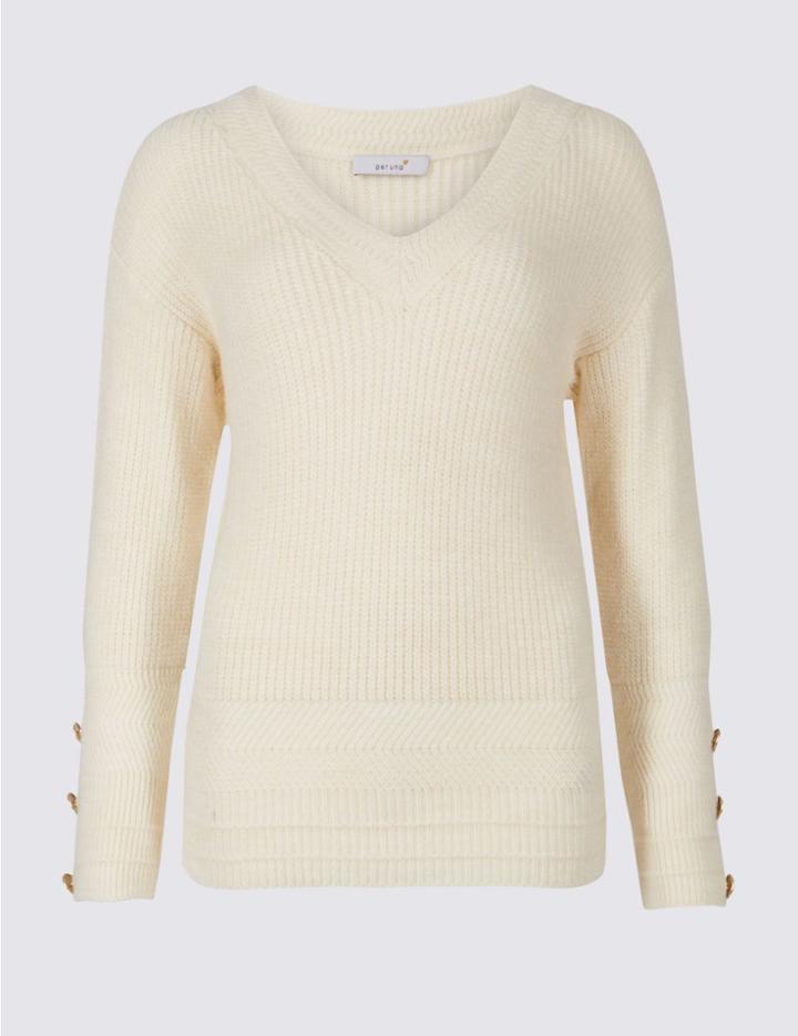 Marks & Spencer Textured V-neck Long Sleeve Jumper Cream