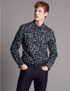 Marks & Spencer Pure Cotton Slim Fit Printed Shirt Dark Khaki
