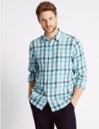 Marks & Spencer Pure Linen Easy Care Checked Shirt Turquoise