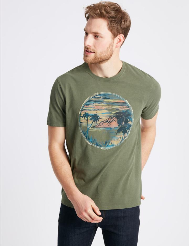 Marks & Spencer Pure Cotton Printed Crew Neck T-shirt Khaki