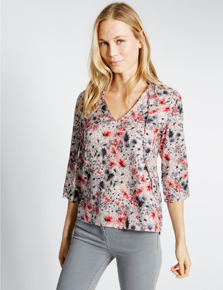 Marks & Spencer Floral Print V-neck 3/4 Sleeve Shell Top Pink Mix