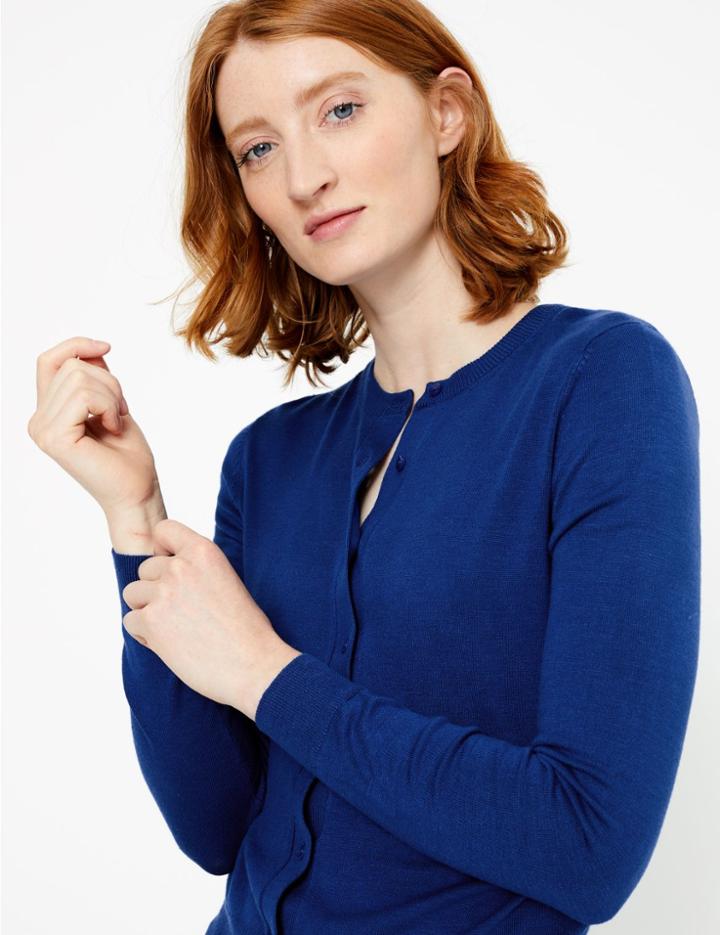 Marks & Spencer Crew Neck Cardigan Rich Blue