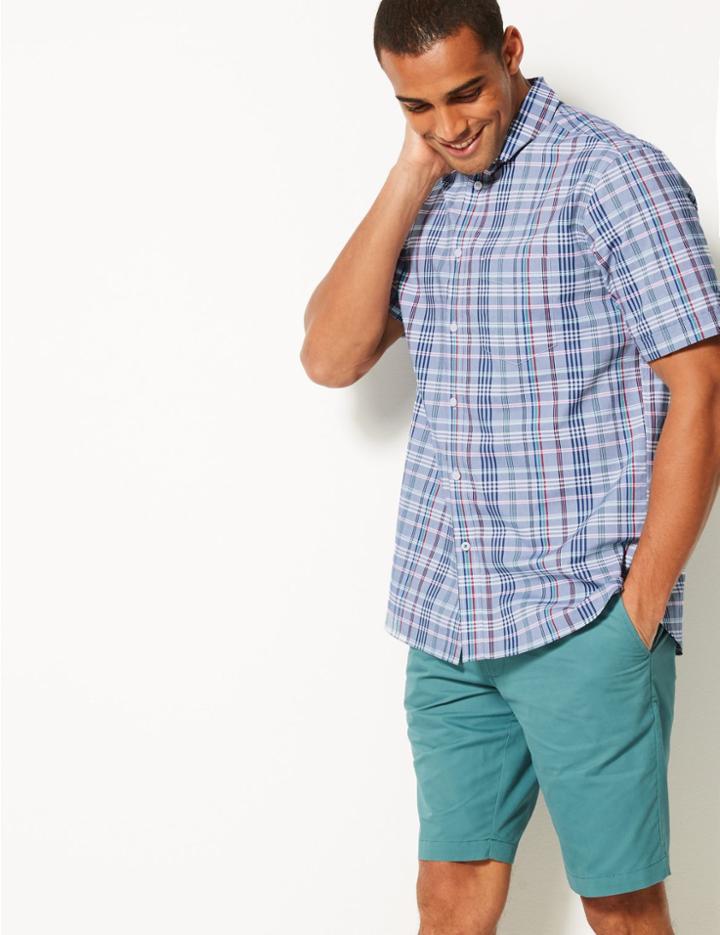 Marks & Spencer Pure Cotton Checked Oxford Shirt Chambray