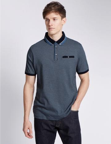 Marks & Spencer Pure Cotton Tailored Fit Striped Polo Shirt Blue Mix