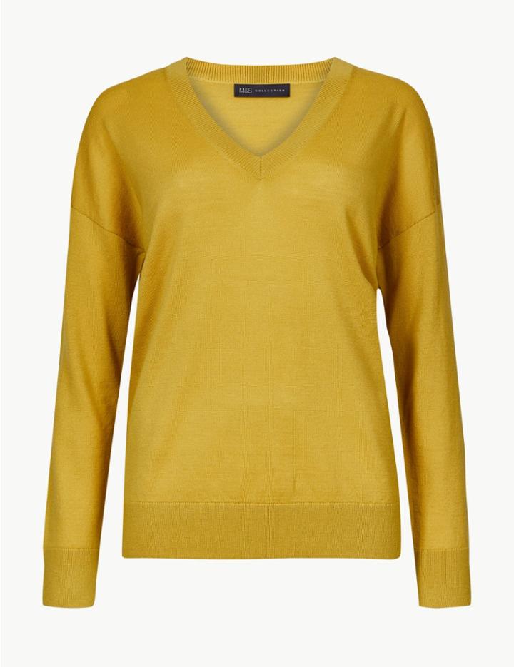 Marks & Spencer Pure Merino Wool Relaxed Fit V-neck Jumper Honey