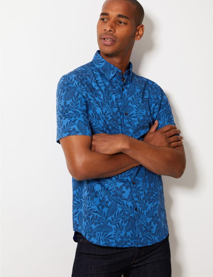 Marks & Spencer Pure Cotton Leaf Print Shirt Blue Mix