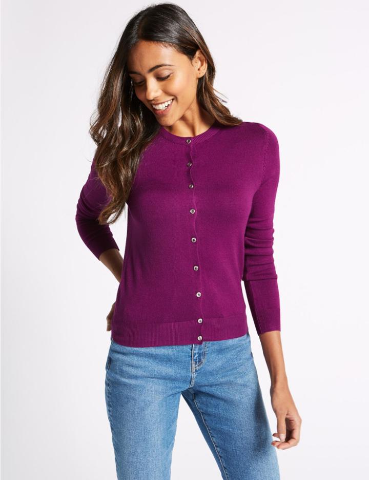 Marks & Spencer Ribbed Round Neck Cardigan Dark Magenta