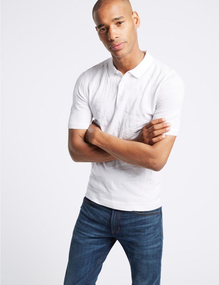 Marks & Spencer Pure Cotton Leaf Design Knitted Slim Fit Polo Soft White