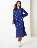 Marks & Spencer Floral Print Long Sleeve Waisted Midi Dress Blue Mix