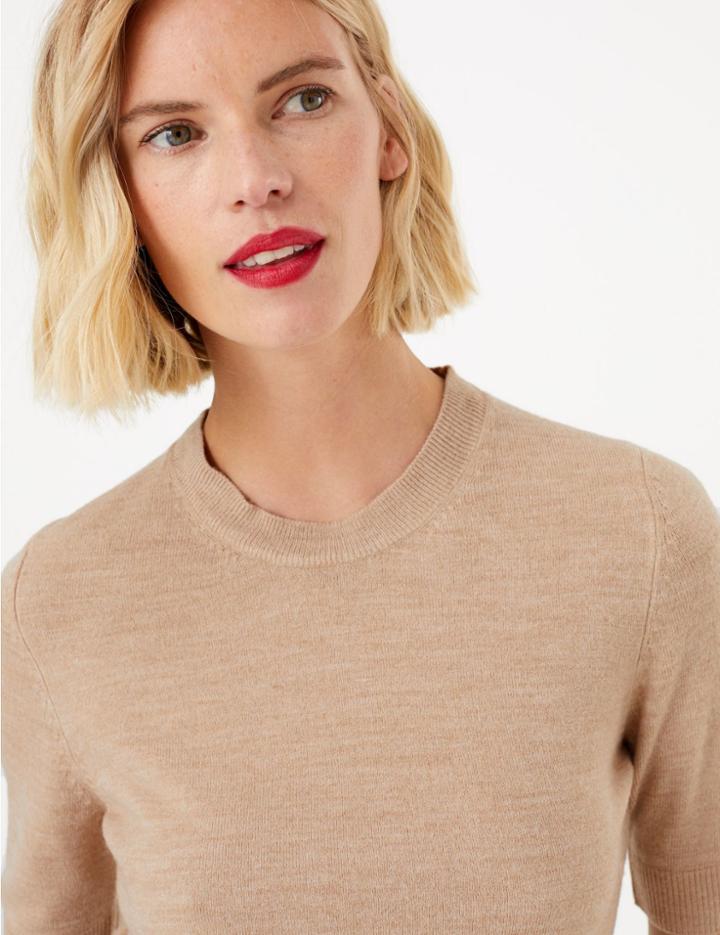 Marks & Spencer Textured Round Neck Short Sleeve Knitted Top Camel