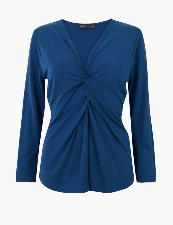Marks & Spencer Twisted Front V-neck Fitted Long Sleeve Top Rich Blue
