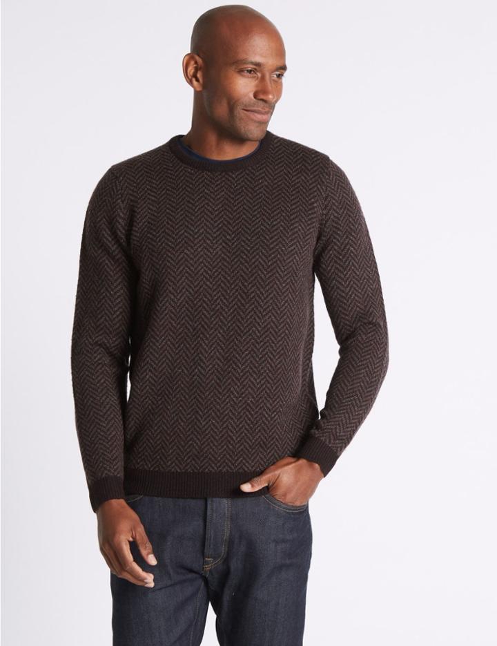 Marks & Spencer Wool Blend Textured Crew Neck Jumper Burgundy Mix