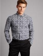 Marks & Spencer Pure Cotton Slim Fit Printed Shirt Blackcurrant